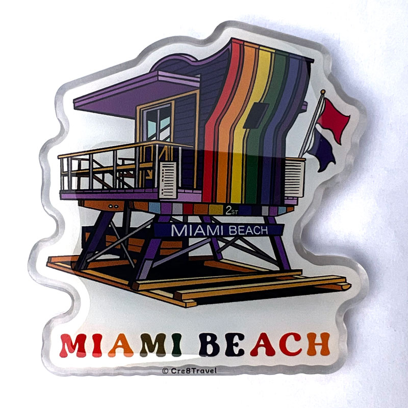Miami Beach Rainbow Lifeguard Tower Acrylic Magnet – 2.5"x2.3"