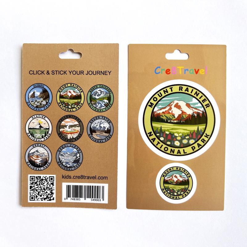 Mount Rainier National Park Sticker Set – 2-Pack Vinyl Stickers (2" + 1") | Cre8Travel Wildflower Meadow Series | Washington Travel Decal